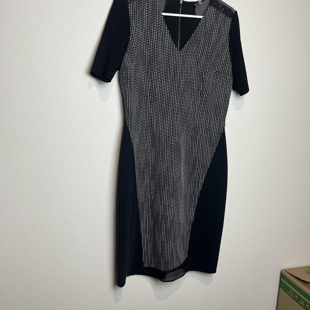 Elie Tahari Dress Womens 10 Black Geometric Jacquard Sheath Knee Length